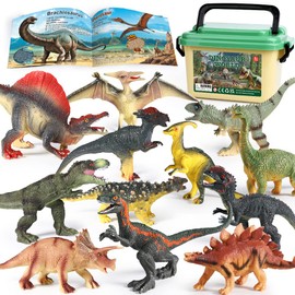 OENUX Dinosaur Toys for Kids 3-5,12pcs Realistic Jurassic Dinosaur Figures Playset w/ Educational Booklet, Toddler Plastic Dinasour Including T-Rex, Triceratops, Dino Learning Toy for Boy Girl Age 4-7