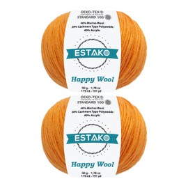 Estako Happy Wool (2 Skeins Pack) 40% Merino Wool 20% Cashmere Type Polyamide 40% Acyrlic Fingering Weight Soft Knitting and Crochet Yarn (2 x 1.76 oz) (2 x 191 yds) (8037 - Yellow Orange)