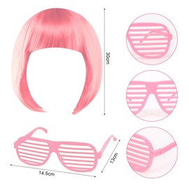 Women's Bob Wig, Carnival Wigs, Short Wig with Neon Glasses and Hair Net, Fancy Dress Wig for Carnival and Theme Party, pink