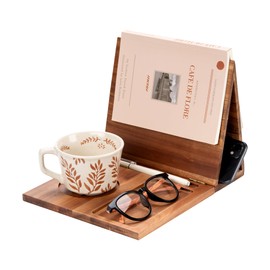 Wooden Book Stand Holder for Page Rest, Nook Reading Valet with Cup Mug Pen Holder, Triangle Stand for Nightstand Desktop Bedside, Book Lover Birthday Gifts for Readers (Dark Acacia)