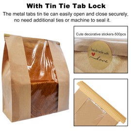 NOONEAST 100 Pack Large Kraft Paper Bread Bags for Homemade Bread Sourdough Bags 14" x 8.3" x 3.5" with Tin Tie Tab Lock Clear Front Window Bakery Bag Packaging Cookie Bag with Label Seal Stickers