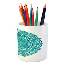 Lunarable Blue Green Pencil Pen Holder, Eastern Psychedelic Ornament with Rich Floral Details Boho Vintage, Ceramic Pencil Pen Holder for Desk Office Accessory, 3.6" X 3.2", Turquoise White