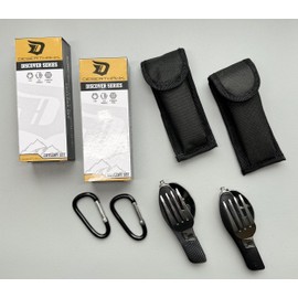 Camping 2 Piece Stainless Steel Cutlery Set with Carabiner and Carry Bag