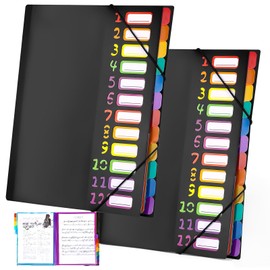 Souvik Expanding File A4 12 Pages Coloured with Labels Organiser for Office School and Home Document Folder A4 with Elastic Band Desk Folder PP Plastic Waterproof Easy to Carry Black (Pack of 2)