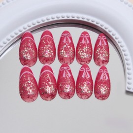 Glitter Pink Press on Nails Almond Short French Fake Nails with Designs Bow Nails Cute Bow Tie French Tip Pattern Acrylic Nails with Rhinestone Valentines Nails Press on Glue on Nails for Women 24PCS