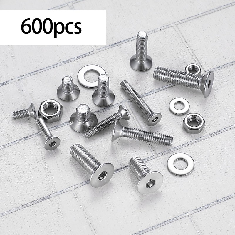 Countersunk Screws and Nuts and Washers Set, 600 Pieces M3