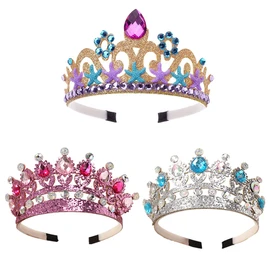3 Pieces Crown Headband, Children's Princess Tiara Crown, Crystal Princess Tiara, Princess Fancy Dress Crowns Headband, Headband Gold Headpiece Tiara, for Cosplay Girls Birthday Party