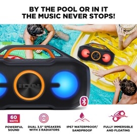 ION AquaSport Max Waterproof 60W Portable Bluetooth Party Speaker with Lights, Battery, Built-in Microphone, Radio and AUX Input