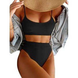 Lilosy - Conjunto de traje de baño brasileño de cintura alta con control de abdomen y parte superior acanalada, 2 piezas, Negro suave, M