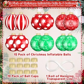 Flasoo 12 Pack Large Christmas Balls, 9 Inch Inflatable Christmas Ornaments for Outdoor Decoration, Big Christmas Ornaments Balls for Front Door Yard Tree Hanging Decoration