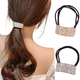 2Pcs Rhinestone Hair Ponytail Holder Stretchy Glitter Hair Ties Elastic Scrunchies Elegant Hair Bands Hair Ropes Crystal Hair Accessories for Women (Gold+Silver)