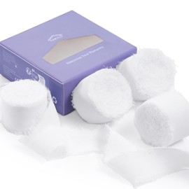 FAKILO Chiffon Ribbon with Frayed Edge, White Ribbon 4 Rolls 1'' X 5 Yd for Wedding Invitations, Bridal Bouquets, Gifts Wrapping, DIY Crafts