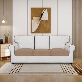 PureFit Super Stretch Fleece Couch Cushion Covers - Individual Sofa Cushion Covers Sets, Washable Sofa Seat Covers Cushion Protector with Elastic Bottom (3 Pieces Cushion Sofa, Camel)