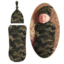 Brown Green Camouflage Swaddle Blanket with Beanie Hat Set Newborn Swaddle Wrap Soft Baby Receiving Blankets Baby Swaddle Sleep Sack for Baby Boys and Girls