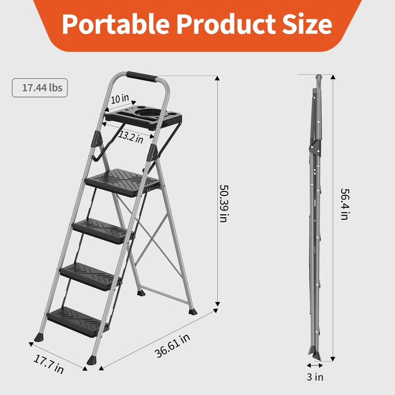 4 Step Ladder, DIAMONDFORGE Folding Step Stool with Tool Platform,