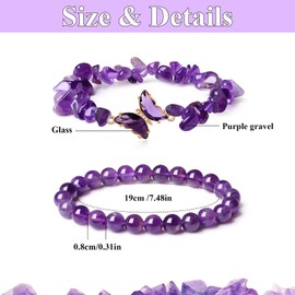 YHNMMNO 2 Sets Amethyst Beads Bracelet Women's Healing Stone Bracelet Butterfly Shape Gemstones Bracelets Balls Chip Bracelet Elastic Bracelets Gift for Women