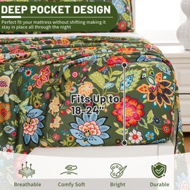 Bedlifes King Size Extra Deep Pocket Sheet Sets - Fits Mattresses Up to 18-24" Thick, 4-Piece Microfiber Set with 1800 Thread Count, Soft, Smooth, Breathable, Featuring Floral Dark Green
