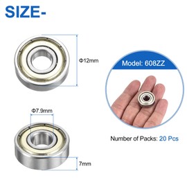 sourcing map 20Pcs 608ZZ Deep Ball Bearings 7.9x22x7mm High Carbon Steel Double Sealed Bearings for Electric Motor, Home Appliances, Garden Machinery, Silver Tone