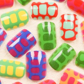 BABALAL 24Pcs Press on Nails Short Square Colorful Fake Nails Art Tips Glue on Nails Full Cover Artificial Acrylic Set Summer Y2k False Nails Polka Dot Design Squoval Nails for Women Girls