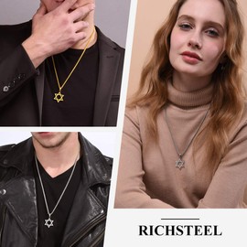Richsteel Stainless Steel Hexagram Necklace Star of David Pendant with 55 cm + 5 cm Wheat Chain for Men and Women, Stainless Steel