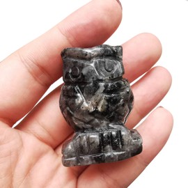 Manekieko Natural Black Labradorite Owl Crystals and Healing Stones Figures Collectibles, 40 mm Office Decoration Gemstone