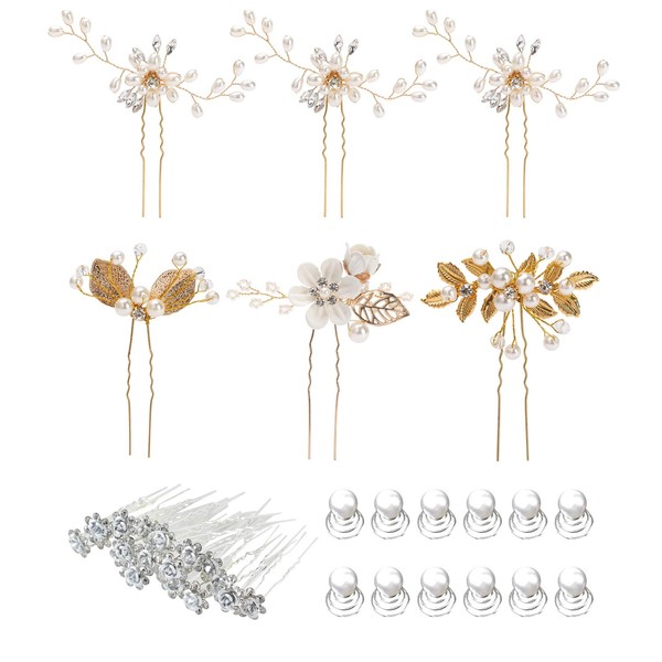 Lawie 38 Pack Women Wedding Bridal Bride Hair Clips Side Combs Gold Decorative Bobby Pins Barrettes Vines Party Prom Headpiece Hairstyle Accessories Vintage Crystal Rhinestone Pearl Flower Silver Gold