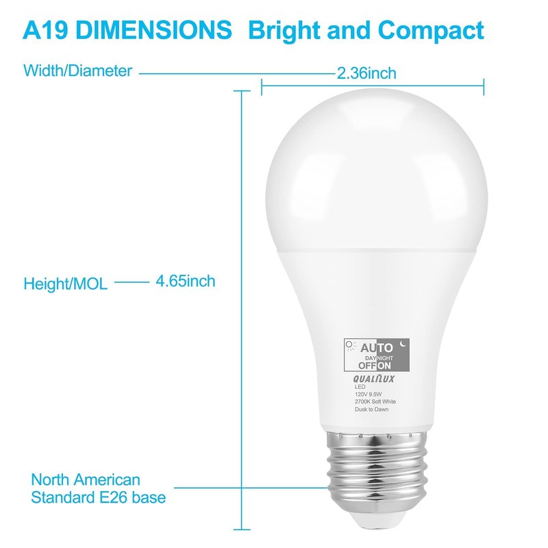 Qualilux Dusk to Dawn Light Bulbs 850LM, 60W Equivalent, Soft