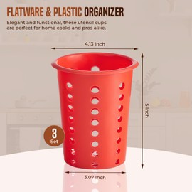 OCS Parts Perforated Utensil Drying Cups | Red | Set of 3 | Plastic Flatware Holder Cylinders for Kitchen Counter Organization