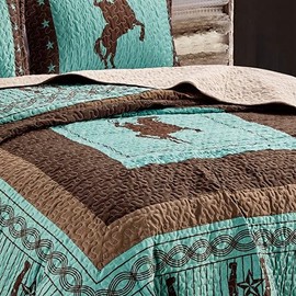 LinenTopia 3 Piece King Size Quilt Bedspread Set with 2 Pillow Shams, Western Design Collection, Wild Horse Country/Horseshoe/Star/Cowboy Design, (Western, K, Coffee|Dk Brown|Turq)