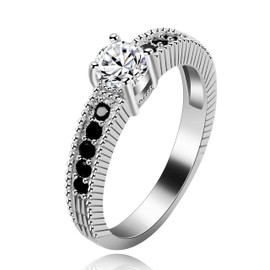 Uloveido Black Stone Engagement Wedding Promise Rings for Girls Silver Color Anniversary Rings for Women Birthday Jewelry Gift Size 10 PJ001