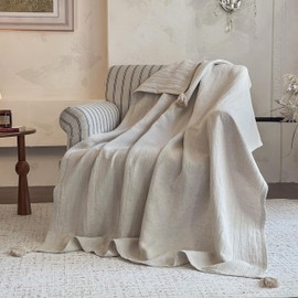 Simple&Opulence Linen Cotton Throw Blanket with Tassels, Double-Layer Knit Flax Blend Blanket Super Soft Lightweight Breathable Decorative Farmhouse for Couch Sofa Bed (104"X90",Linen)