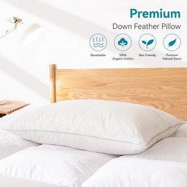 WENERSI Premium Goose Feathers Down Pillows,White Queen Pillows Set of 1,Hotel Collection Goose Down Pillows,100% Organic Cotton Fabric,Breathable and Skin-Friendly,650 Thread Count