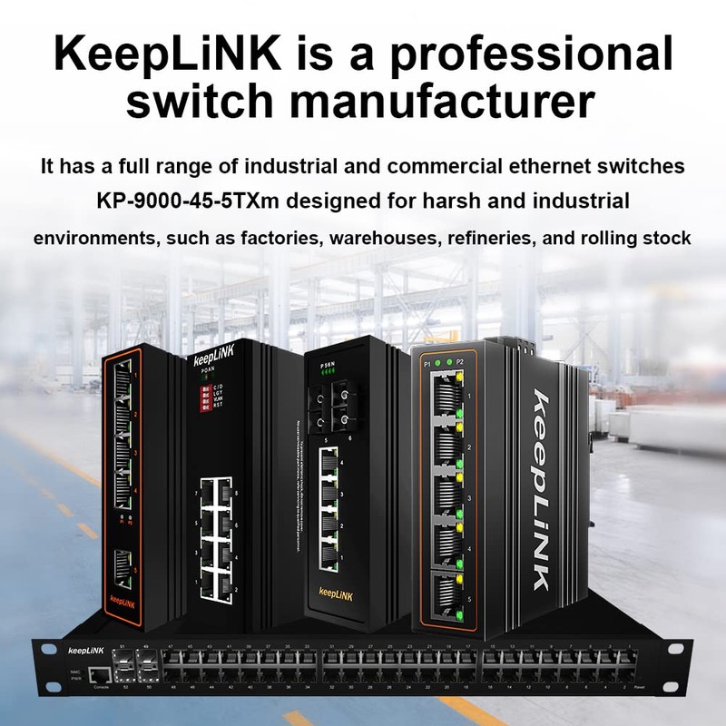 keepLiNK 5-Port Industrial Ethernet Switch, Unmanaged 10/100Mbps DIN-Rail Network Switch,