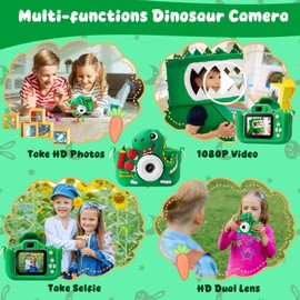 Kids Camera, Dinosaur Kids Camera for Kids Boys, Toddler Camera Digital Camera for Kids Age 3-12, Christmas Birthday Gifts Toys for 3 4 5 6 7 8 9 10 Years Old Boys, 1080P HD Selfie Video Camera