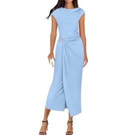 ZESICA Women's 2025 Summer Mock Neck Casual Bodycon Dress Cap Sleeve Elegant Cocktail Party Long Midi Dresses,Sky,Medium