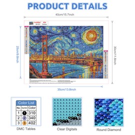 EOBROMD Diamond Painting Starry Sky, 5D Diamond Painting Pictures for Adults, Golden Gate Bridge, DIY Landscape Diamond Painting Set for Wall Decoration, 30 x 40 cm