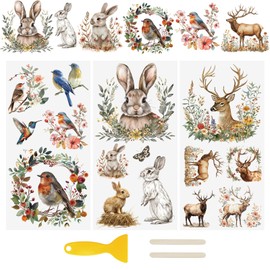 WANDIC 3Pcs Rabbit Deer Rub on Transfer Stickers Waterproof UV Transfer Decals Vintage Bird Stickers for Crafts Furniture DIY Crafts Decoration,15 * 30cm