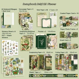 Irayin Vintage Scrapbook Accessory Set, 125 Pieces Bullet Journal Accessory Set with A6 Grid Notebook, Scrapbook Stickers, Travel Book Gift Set, DIY Gift for Girls Women (Green)