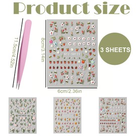 Puzxo 3 Bögen 5D-geprägte süße Nagelaufkleber mit Blumenmotiven, Bienen, Marienkäfer, Blumen, Sommer-Marienkäfer, Biene, Tulpe, Erdbeere usw., Mit Pinzette