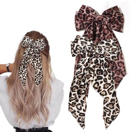 Leopard Print Long Tail Hair Bow Clips - 2Pcs Handmade Ribbon Satin Oversized Bow Metal Barrettes Ponytail Ribbons Butterfly Accessories for Women and Girls (Leopard Print-White/Red)