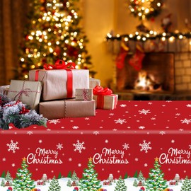 MEHOFOND 3 Pack Plastic Christmas Tablecloth, 108 x 54 Inch Merry Christmas Disposable Christmas Tablecloths Rectangular, Winter White Snowflake Christmas Tree Table Cover Decor for Xmas Holiday