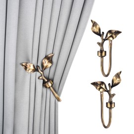 SUQ I OME 1 Pair of Leaf Shaped Curtain Holdbacks Metal Curtain Side Holders for Wall, Antique Brass Curtain Tieback Hook Pull Backs for Drapes Window Home Decoration,Bronze