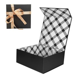 Tekhoho Tekhoho Schwarze Geschenkbox 21.5x21.5x9 cm, Premium Geschenkbox mit Magnetdeckel und Schleife für Feiertage Hochzeit Geburtstag Geschenkverpackung, Kariertes Futter