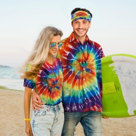 4 Pieces Hippie Costume Set,Tie Dye Button Down Shirt Men,Tie Dye Sunglasses Headband,Peace Sign Necklace,70s 80s 90s Outfits for Men