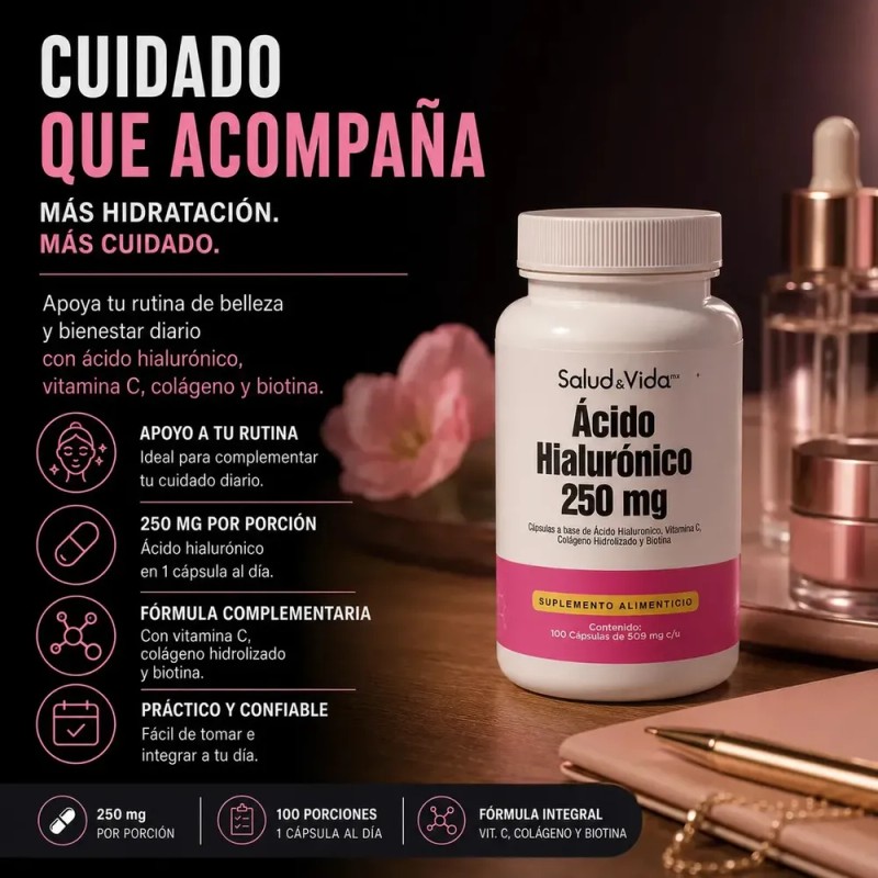 Ácido Hialurónico 250mg | Con Vitamina C, Colágeno y Biotina