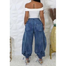 Women's Barrel Jeans Boyfriend High Waisted Baggy Jeans Bow Tie Cargo Sweatpants with Drawstring Streetwear Blue