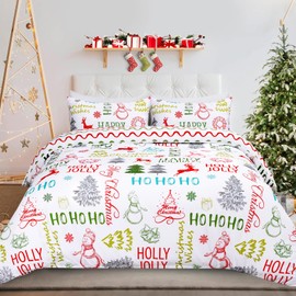 FRAMICS Christmas Duvet Cover Queen Size 3 Pieces Snowman Christmas Tree Queen Duvet Cover Set with 2 Pillow Shams Christmas Comforter Cover with Zipper Closure Queen Christmas Bedding Set,90" x 90"