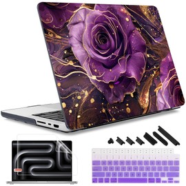 May Chen Case for M4 MacBook Pro 16 inch A3403 Max A3186, M3 A2991 M2 A2780 M1 A2485 Pro Max 2024 2023 2022 2021 Release, Plastic Hard Shell Case with Screen Pretector&Keyboard Cover, Purple Roses