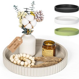 Baemin Concrete Coffee Table Tray, 11" Decorative Tray for Home Decor, Sturdy Modern Centerpiece Round Serving Tray with Fluted Edge, Gray