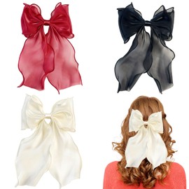 GWAWG Purple Bow Hair Clip Set - 3 Pcs Hair Bows for Girls, Women Hair Accessories, Elegant Pink, Black, White Bow Clips, French Automatic Hair Pins, Decorative Hair Bow Set (Black White Red)
